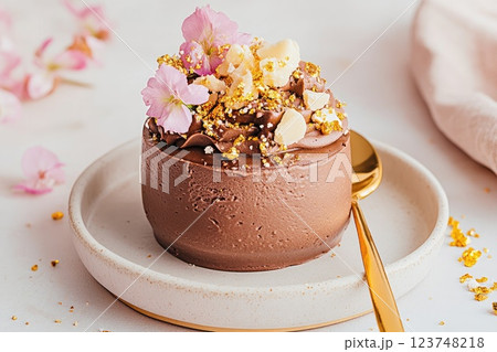 Delicious chocolate dessert topped with edible flowers and golden sprinkles in a natural setting 123748218
