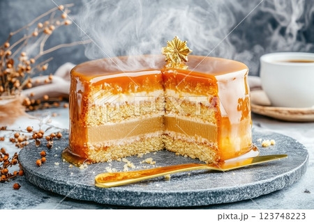 Delicious caramel cake with a glossy glaze, showcasing layers of creamy and fluffy textures in a cozy setting Delicious caramel cake with a glossy glaze, showcasing layers of creamy and fluffy textures in a cozy setting 123748223
