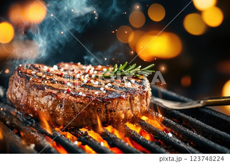 Juicy grilled steak garnished with rosemary cooking over flaming grill at a nighttime barbecue gathering Juicy grilled steak garnished with rosemary cooking over flaming grill at a nighttime barbecue gathering 123748224