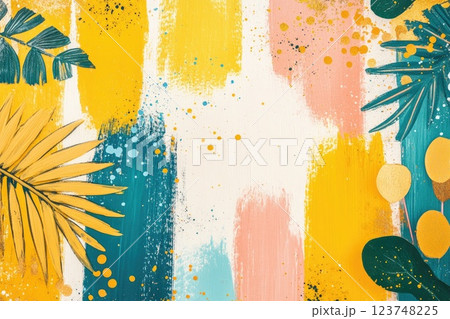 Colorful abstract painting with tropical leaves and vibrant brush strokes in a lively composition 123748225