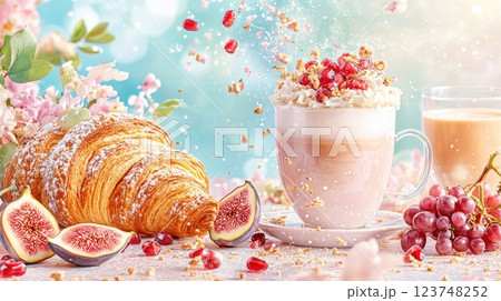 Delicious breakfast spread featuring croissant, fruits, and creamy beverages in a bright, floral setting Delicious breakfast spread featuring croissant, fruits, and creamy beverages in a bright, floral setting 123748252