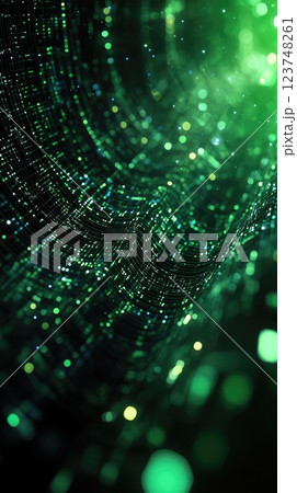 Colorful abstract design with glowing green lights creating a mesmerizing digital wave pattern Colorful abstract design with glowing green lights creating a mesmerizing digital wave pattern 123748261