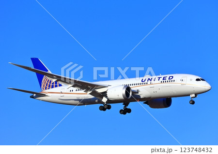 【千葉県】成田空港に着陸するジェット機（ユナイテッド航空　ボーイング787） 123748432