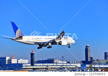 【千葉県】成田空港に着陸するジェット機（ユナイテッド航空　ボーイング787） 123748433