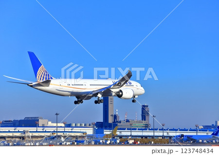 【千葉県】成田空港に着陸するジェット機（ユナイテッド航空　ボーイング787） 123748434