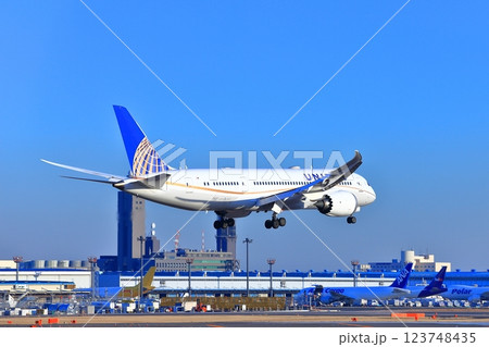 【千葉県】成田空港に着陸するジェット機（ユナイテッド航空　ボーイング787） 123748435