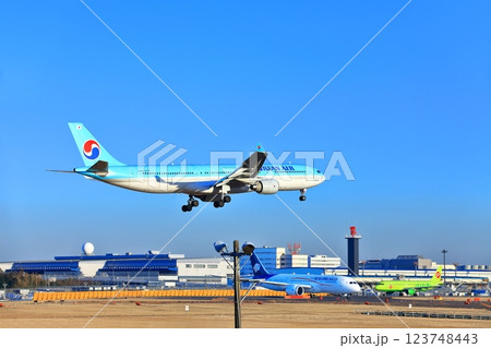 【千葉県】成田空港に着陸するジェット機（大韓航空　AIRBUS A330） 123748443