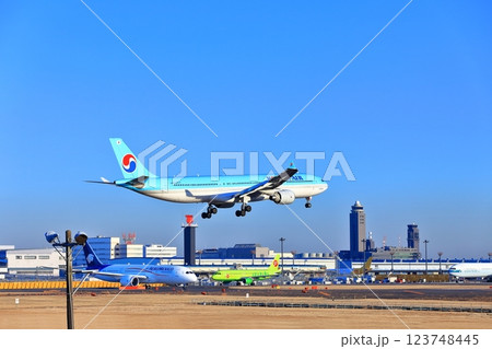 【千葉県】成田空港に着陸するジェット機（大韓航空　AIRBUS A330） 123748445