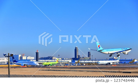 【千葉県】成田空港に着陸するジェット機（大韓航空　AIRBUS A330） 123748446
