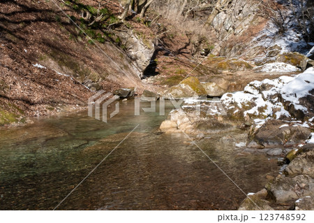 雪の積もった岩の間を流れる木ノ俣川栃木県上流 123748592
