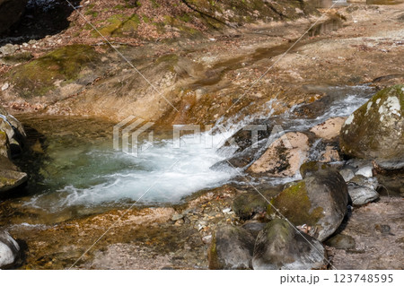 雪の積もった岩の間を流れる木ノ俣川栃木県上流 123748595