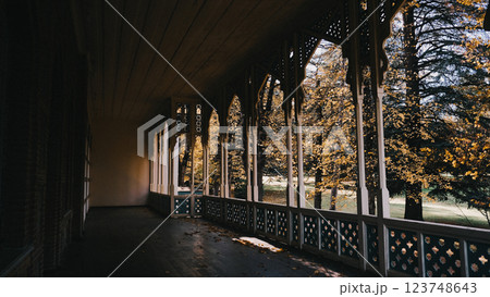 Experience the enchanting Gothic architecture set against a backdrop of vibrant autumn trees 123748643