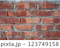 Red brick wall background. Brickwork with drips of gray cement mortar. Handmade bricks as part of the house wall. Close-up, vertical image. Construction concept for web design. Full copy space. 123749158