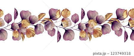 Seamless endless horizontal banner made of violet and gold leaves on white background. 123749318