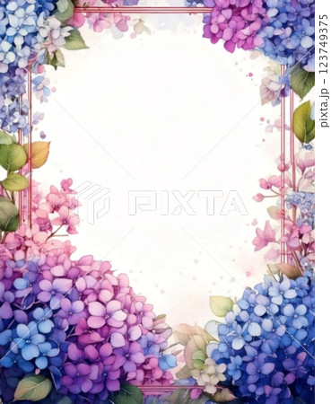 鮮やかな紫陽花の水彩風イラスト縦フレーム 123749375