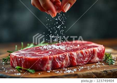 The Art of Seasoning A Culinary Symphony of Premium Beef Preparation in Pristine Detail 123749404