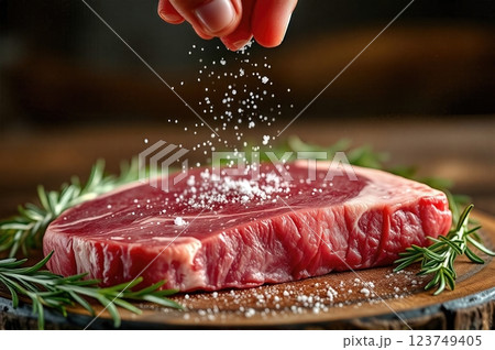 The Art of Seasoning A Culinary Symphony of Premium Beef Preparation in Pristine Detail 123749405