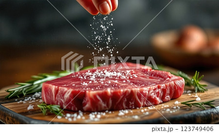 The Art of Seasoning A Culinary Symphony of Premium Beef Preparation in Pristine Detail 123749406