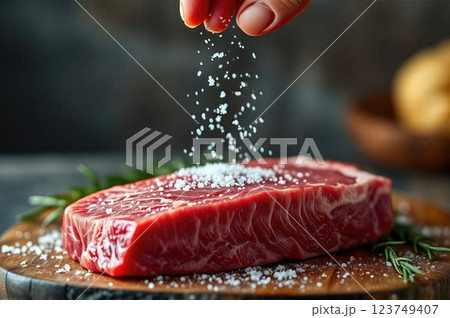The Art of Seasoning A Culinary Symphony of Premium Beef Preparation in Pristine Detail 123749407