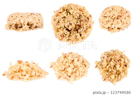 mixed red jasmine brown rice and barley isolated on white background pile 123749580