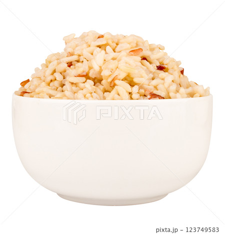 mixed red jasmine brown rice and barley bowl on white 123749583