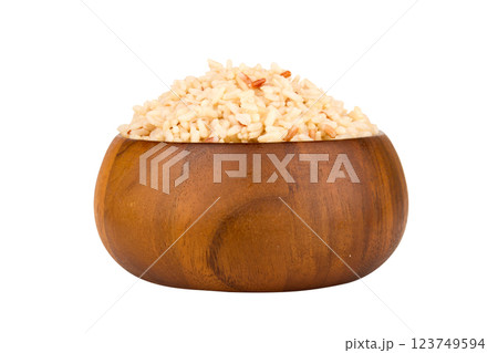 mixed red jasmine brown rice and barley bowl wood on white 123749594