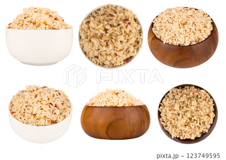 mixed red jasmine brown rice and barley bowl wood on white 123749595