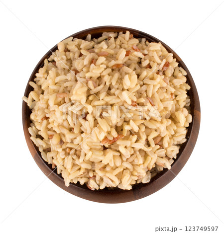 mixed red jasmine brown rice and barley bowl on white view top 123749597