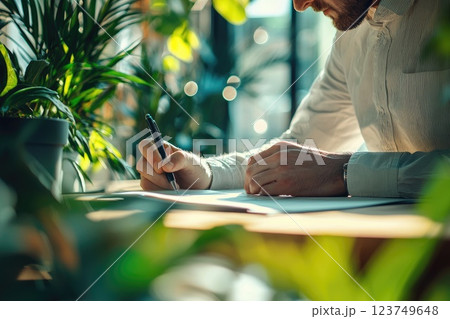 Person Writing in a Bright Room Surrounded by Green Plants and Natural Light, Focusing on Creativity and Productivity in a Stylish Workspace 123749648