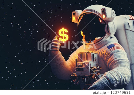 Futuristic Concept of Astronaut Touching Glowing Dollar Sign Surrounded by Floating Coins in Zero Gravity Space Environment Futuristic Concept of Astronaut Touching Glowing Dollar Sign Surrounded by Floating Coins in Zero Gravity Space Environment 123749651