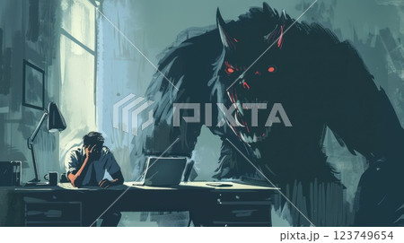 A man is sitting at a desk with a laptop in front of him 123749654