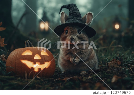 Adorable Chinchilla in a Witch Hat by a Pumpkin Adorable Chinchilla in a Witch Hat by a Pumpkin 123749670