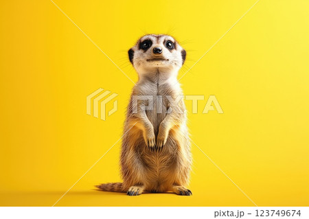 A cute little animal with a big nose and big eyes stands on a yellow background A cute little animal with a big nose and big eyes stands on a yellow background 123749674