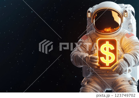 Astronaut Holding Glowing Dollar Sign in Space with Neon Coins Floating, 3D Render, Futuristic Financial Concept 123749702