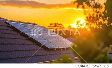 Glowing Solar Panels on Residential Rooftop at Sunrise for Renewable Energy Concept with Space for Copy Text Glowing Solar Panels on Residential Rooftop at Sunrise for Renewable Energy Concept with Space for Copy Text 123749709