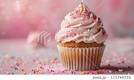 A cupcake with pink frosting and sprinkles on top 123749728