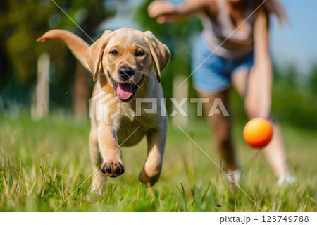 Joyful Moment of Puppy and Owner Playing Fetch in the Park 123749788