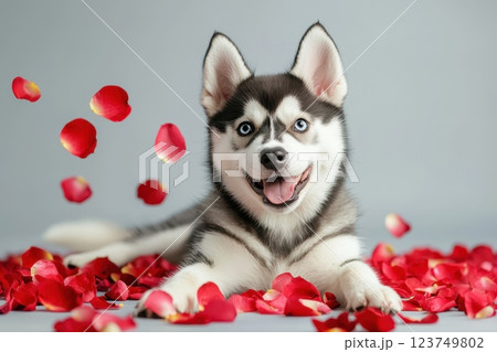 Playful Husky Puppy Lying on Studio Backdrop Surrounded by Rose Petals with a Bright Smile Playful Husky Puppy Lying on Studio Backdrop Surrounded by Rose Petals with a Bright Smile 123749802