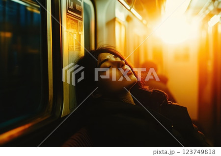 Young woman resting in subway during golden hour sunlight glow Young woman resting in subway during golden hour sunlight glow 123749818