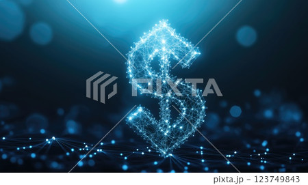 Abstract Arrow Inside Dollar Sign Icon on Blue Background with Precisionist Influence, Celestial Financial Growth Abstract Arrow Inside Dollar Sign Icon on Blue Background with Precisionist Influence, Celestial Financial Growth 123749843