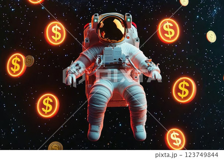 Astronaut in space surrounded by neon financial symbols, Astronomical finance concept Astronaut in space surrounded by neon financial symbols, Astronomical finance concept 123749844
