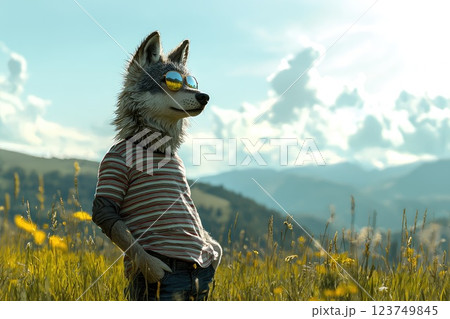 A wolf wearing sunglasses and a striped shirt stands in a field of yellow flowers. Scene is lighthearted and playful A wolf wearing sunglasses and a striped shirt stands in a field of yellow flowers. Scene is lighthearted and playful 123749845