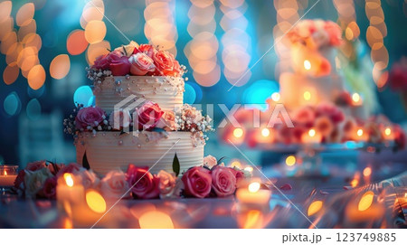 A beautiful cake with pink flowers on top of it 123749885