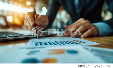 A man is writing with a pen on a piece of paper, Concept of focus and concentration as the man works on his task 123749890