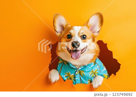 A dog wearing a Hawaiian shirt is looking out of a hole in a wall A dog wearing a Hawaiian shirt is looking out of a hole in a wall 123749892