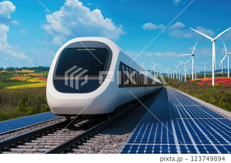 Futuristic Electric Train on Solar Panel Tracks in Sustainable Landscape with Wind Turbines 123749894