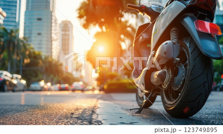 Sustainable Urban Mobility Concept, Scooter Tire with Vibrant City Background 123749895