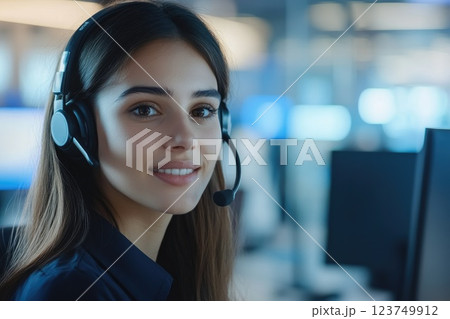 Friendly Call Center Agent Assisting Customer in Modern Office Setting with Copy Space Friendly Call Center Agent Assisting Customer in Modern Office Setting with Copy Space 123749912