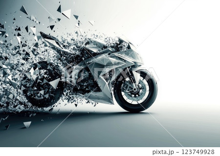 A motorcycle is shown in a blurred, fragmented state 123749928