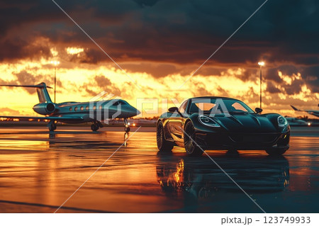 Elite Executive Travel, Business Class Edition, High-End Car and Private Jet on Runway for Seamless Airport Transfer Experience 123749933